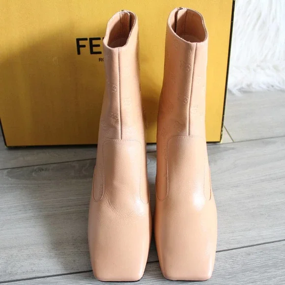 Fendi Ffreedom Karligraphy Blush Beige Leather Square Toe Ankle Boots. With
